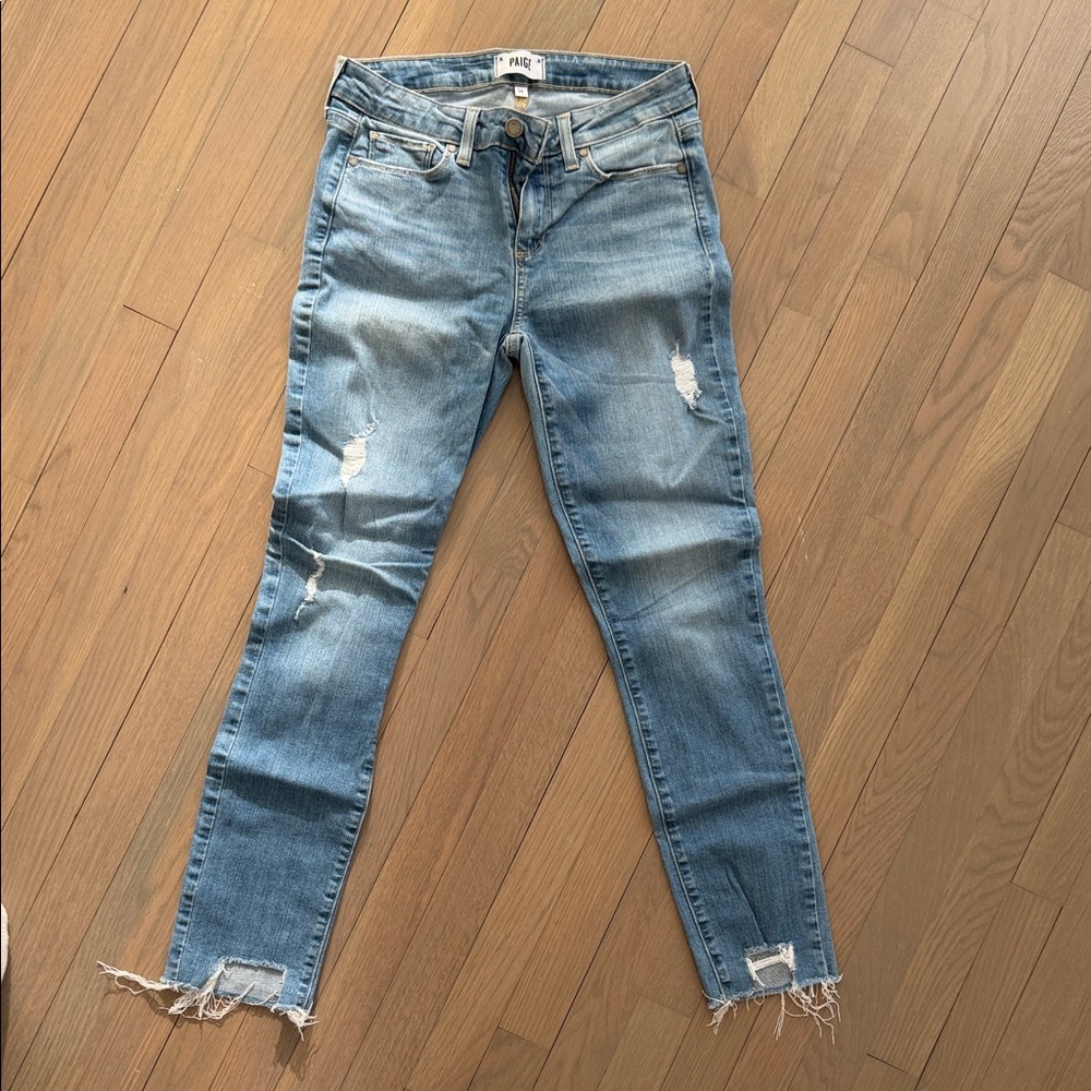 PAIGE Faded Blue Ripped Skinny Jeans